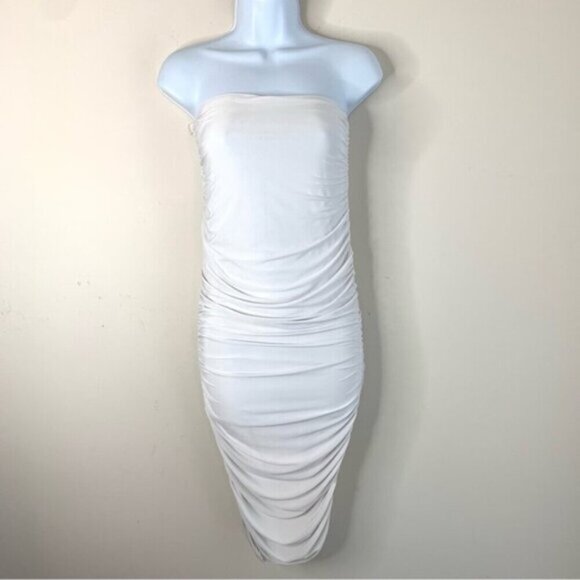 Pretty Little Thing Women's Midi Dress Tube Ruched Side Strapless White Draped - Picture 3 of 12